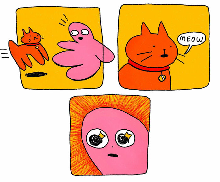 Comic panels featuring a strange little pink creature and an orange cat, illustrating weirdly understood emotions and interactions.