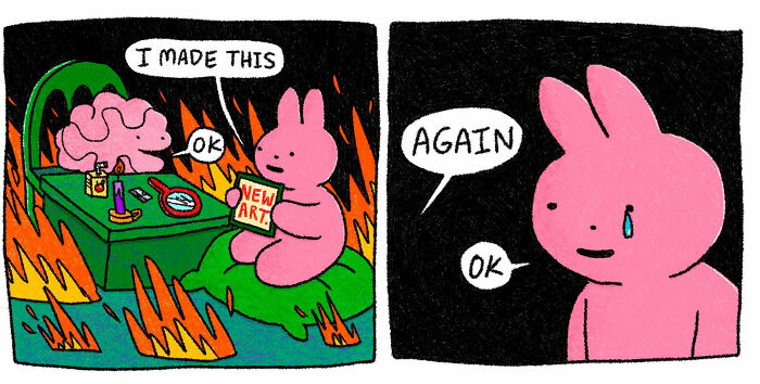 Comic panels featuring a strange little pink creature interacting with a brain on fire, expressing feelings of being weirdly understood.