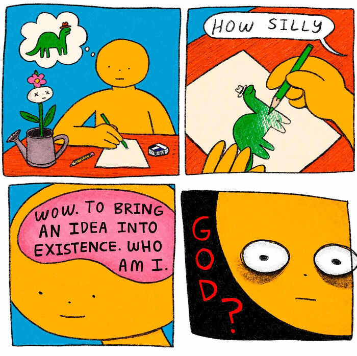 Comic panels showing a character drawing a strange little creature, reflecting on creation and identity in a surreal style.