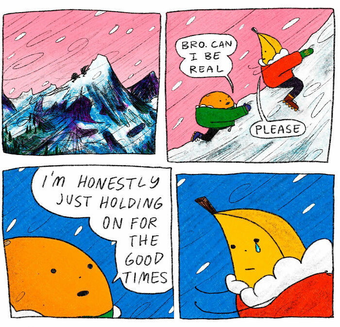 Comic panels showing strange little creatures climbing a snowy mountain, expressing feelings of wanting to be real and hope.