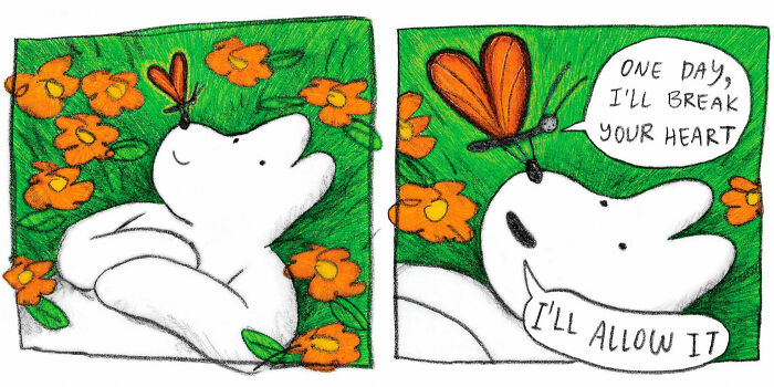 Comic panels of strange little creatures with a butterfly and flowers expressing unusual feelings of understanding.