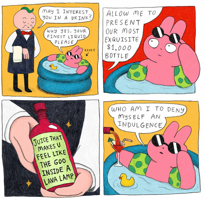 Pink cartoon creature in pool enjoying a strange drink in a comic featuring unusual little creatures.