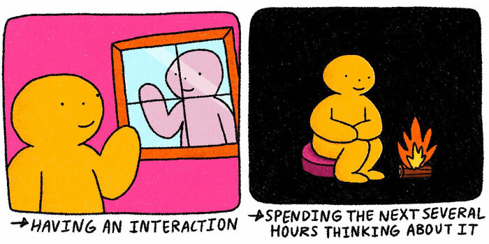 Two strange little creatures with simple shapes in colorful panels, one interacting and the other quietly reflecting by a fire.