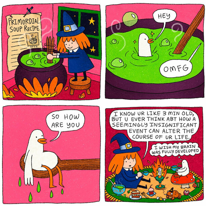 Comic panels featuring strange little creatures including a witch stirring a cauldron and a talking bird expressing feelings.