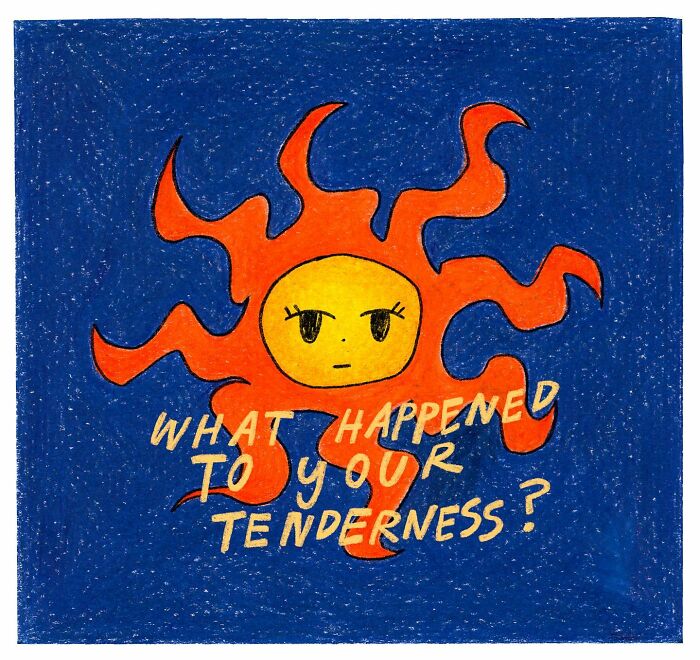 Bright orange comic creature with a yellow face against blue background asking about tenderness in a strange little creatures comic.