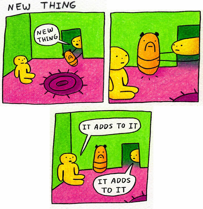 Comic panels featuring strange little creatures communicating in a colorful room, capturing quirky and weirdly understood moments.