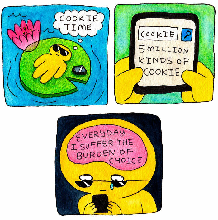 Comic panels featuring a strange little creature thinking about cookies, choice overload, and feeling emotionally understood.