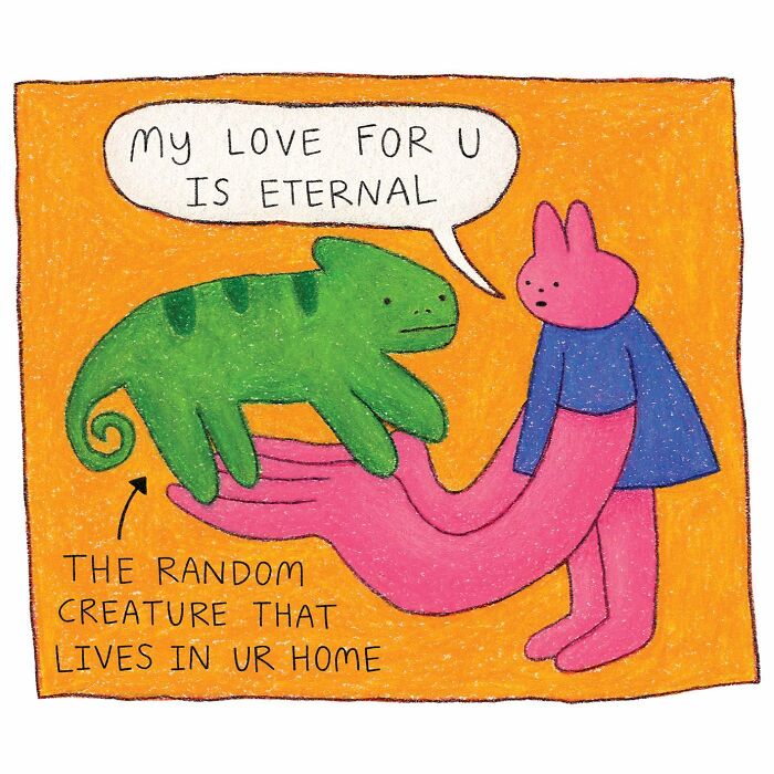 Colorful comic panel featuring a strange little creature and a pink figure expressing eternal love, highlighting weirdly understood feelings.