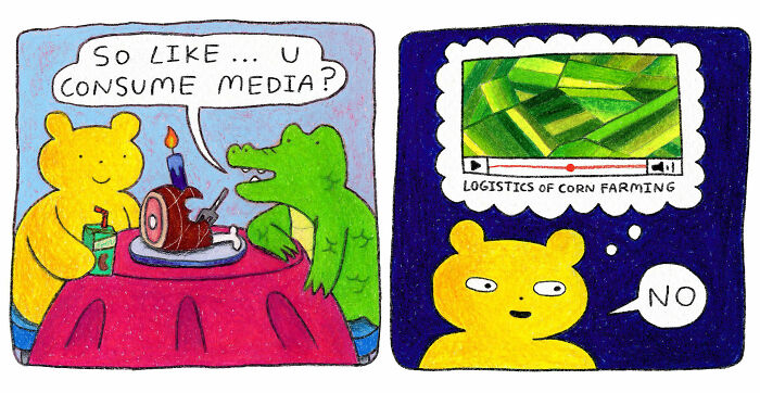 Comic strip featuring strange little creatures, a bear and crocodile, discussing media consumption and corn farming videos.