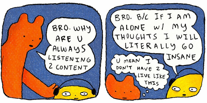 Comic featuring strange little creatures discussing mental struggles and feeling weirdly understood through their dialogue.