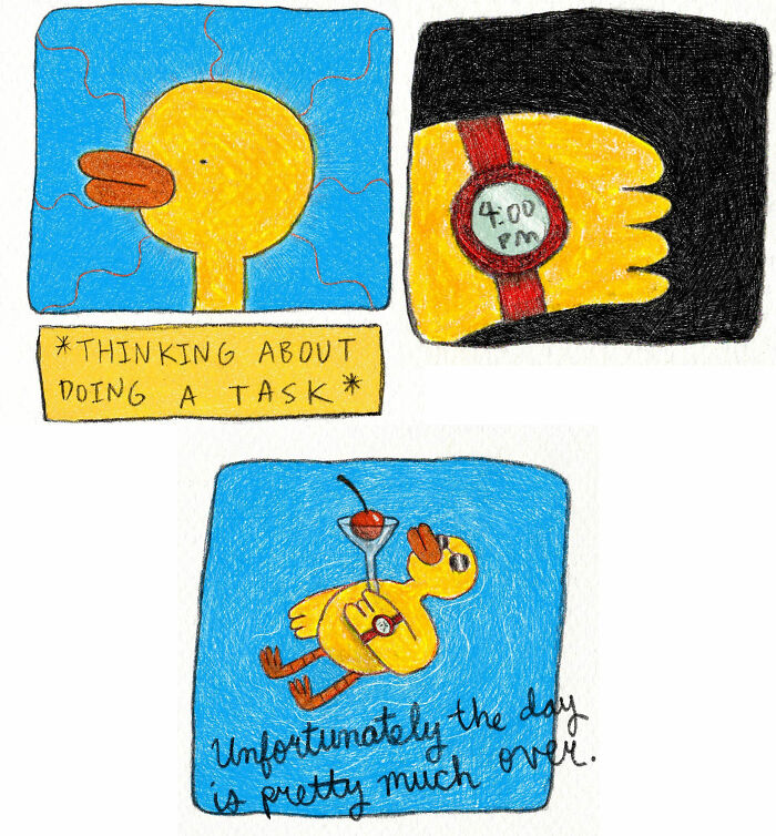 Comic featuring a strange little yellow creature distracted by time, humorously illustrating procrastination in strange little creatures comics.