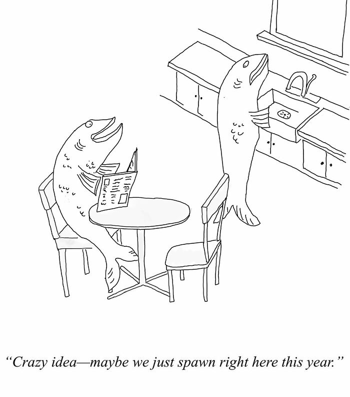 Two fish in a kitchen, one reading a newspaper, in a humorous one-panel comic by Tom Reese.