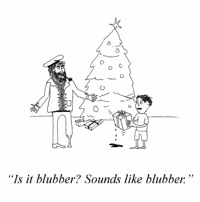 One-panel comic by Tom Reese showing a man and boy by a Christmas tree with a dripping gift, humorous scene.