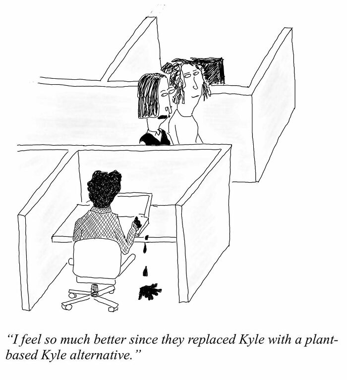 One-panel comic by Tom Reese showing office workers reacting to a plant-based Kyle alternative at work.