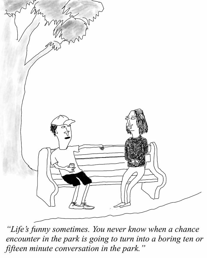 Black and white one-panel comic by Tom Reese showing two people on a park bench having a long, awkward conversation.