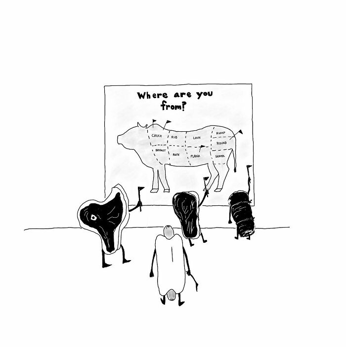 One-panel comic by Tom Reese showing meat cuts as characters pointing to a cow diagram asking where they are from.