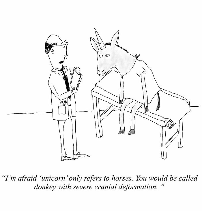 Doctor explaining to a unicorn-like donkey on an exam table in a humorous one-panel comic by Tom Reese.