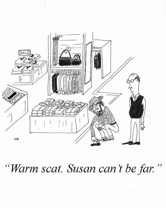 Cartoon of a man in a store crouching near a shoe with a humorous absurd twist in a mundane moment.