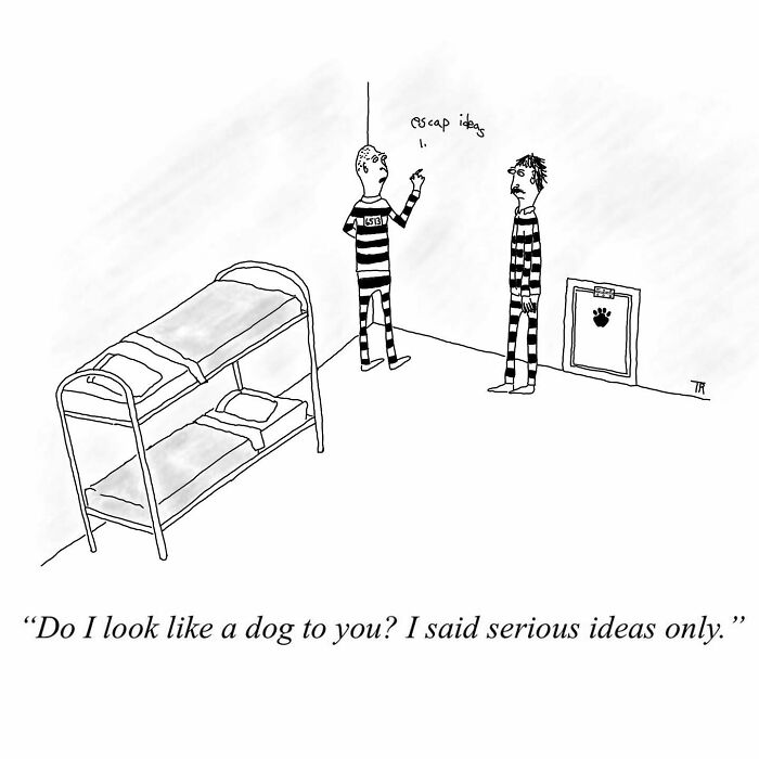 Two prisoners in striped uniforms by bunk beds, one writing escape ideas on the wall in a one-panel comic by Tom Reese.
