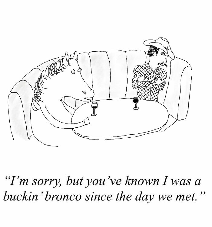 One-panel comic by Tom Reese showing a horse and a cowboy at a table with a humorous caption.