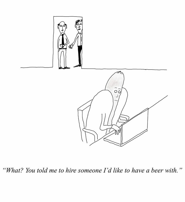 One-panel comic by Tom Reese showing a man interviewing a large hotdog character at a desk with humor.