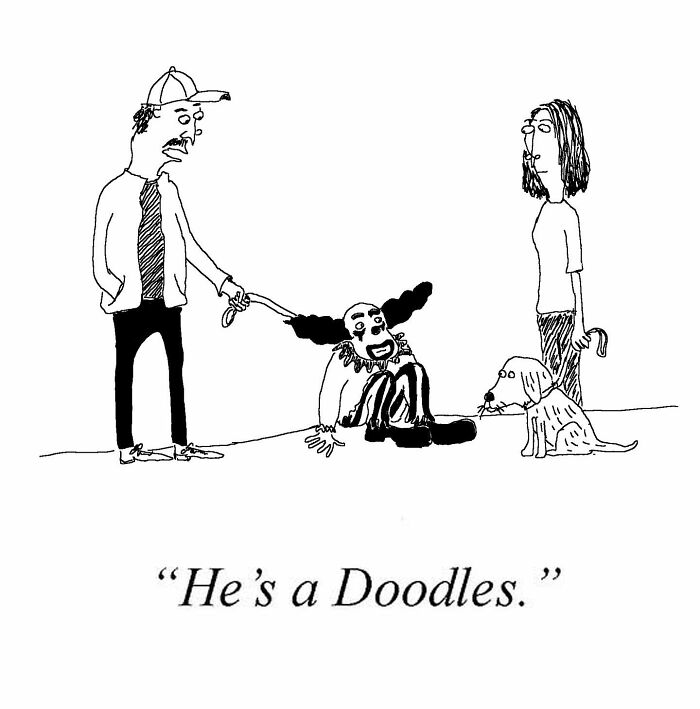 One-panel comic by Tom Reese showing a man holding a clown on a leash with a dog nearby in a humorous scene.