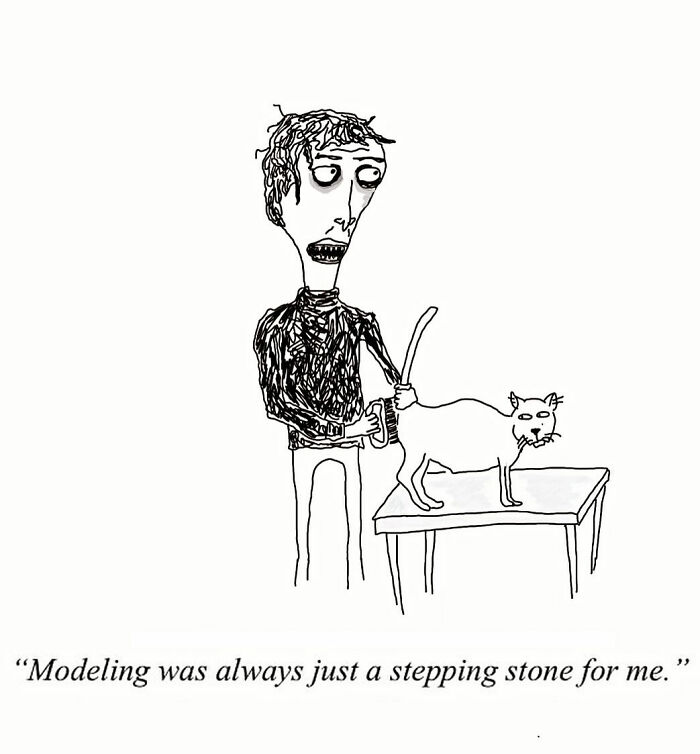 One-panel comic by Tom Reese showing a man brushing a cat on a table with a humorous caption.