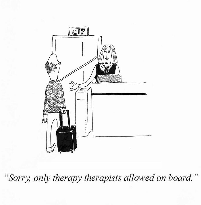 One-panel comic by Tom Reese showing a man with luggage denied boarding by a female gate agent with a humorous caption.