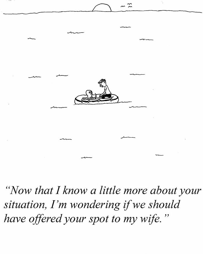 Minimalist one-panel comic by Tom Reese showing a man and octopus in a raft with humorous dialogue at sunset.