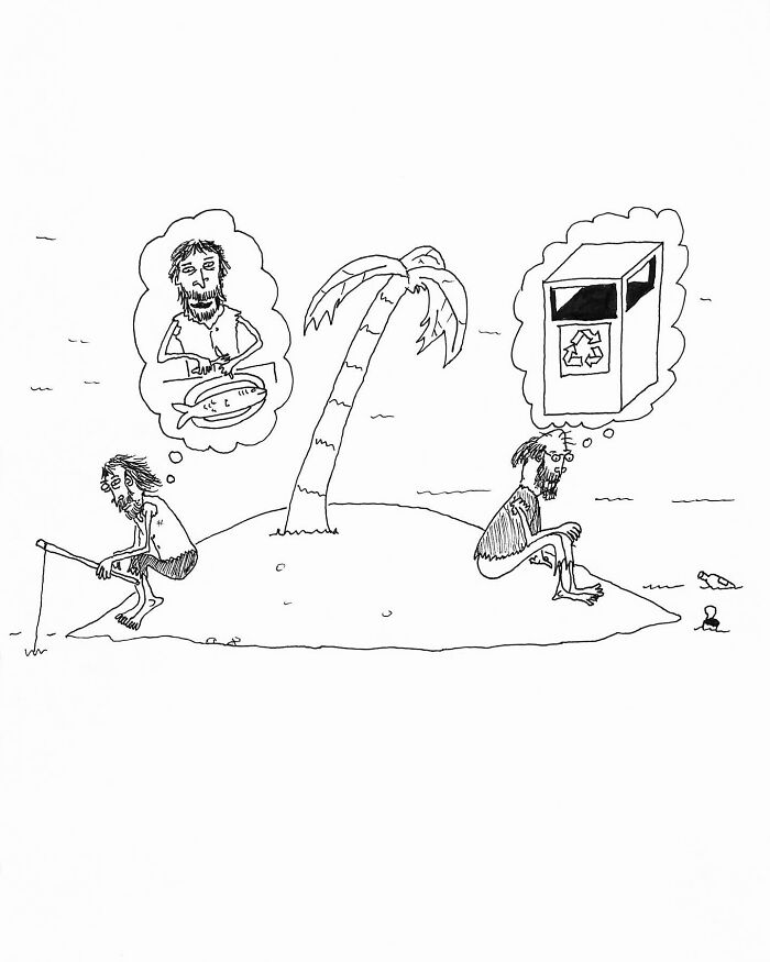 Two men on a small island with a palm tree, one thinking about fish, the other about a recycling bin in a comic style.