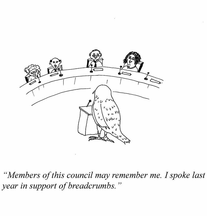 One-panel comic by Tom Reese showing a bird speaking at a council meeting about breadcrumbs.