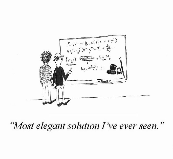 Two men looking at a blackboard with complex equations and a top hat, one-panel comic by Tom Reese humor humor.