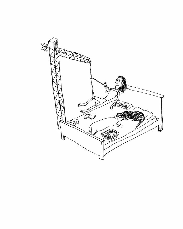One-panel comic by Tom Reese showing a person on a swing attached to a construction crane above a bed with a cat.