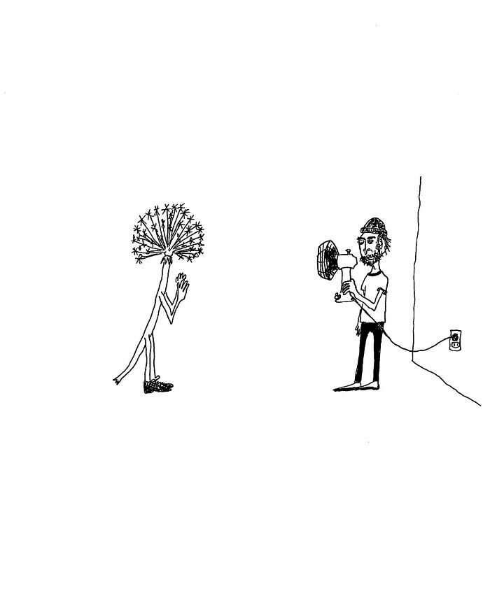 One-panel comic by Tom Reese showing a man with a fan aimed at a dandelion-headed figure in a simple line drawing.