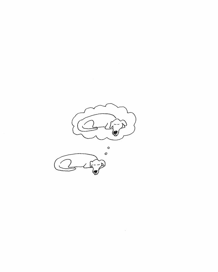 Minimalist one-panel comic by Tom Reese showing a dog dreaming of itself in a simple black and white sketch.