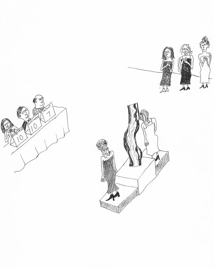 One-panel comic by Tom Reese showing judges rating women posing with a bacon sculpture on a pedestal.
