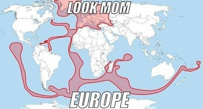 Humorous history meme showing Europe as a large pink shape stretching across the world map, highlighting past exploration.