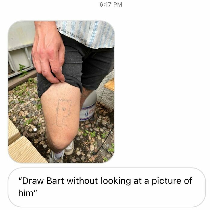 Faded tattoo of a poorly drawn Bart Simpson on a person's thigh, showcasing bizarre choices people made while getting tattoos.