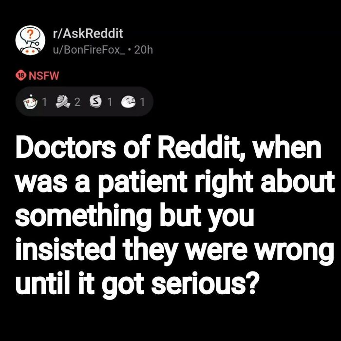 Reddit post asking doctors about patients who were right despite initial doubts, related to eerie questions and scary answers.