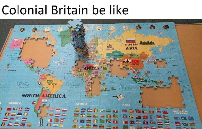 Puzzle pieces removed from a world map illustrating colonial Britain and history memes about learning past events.