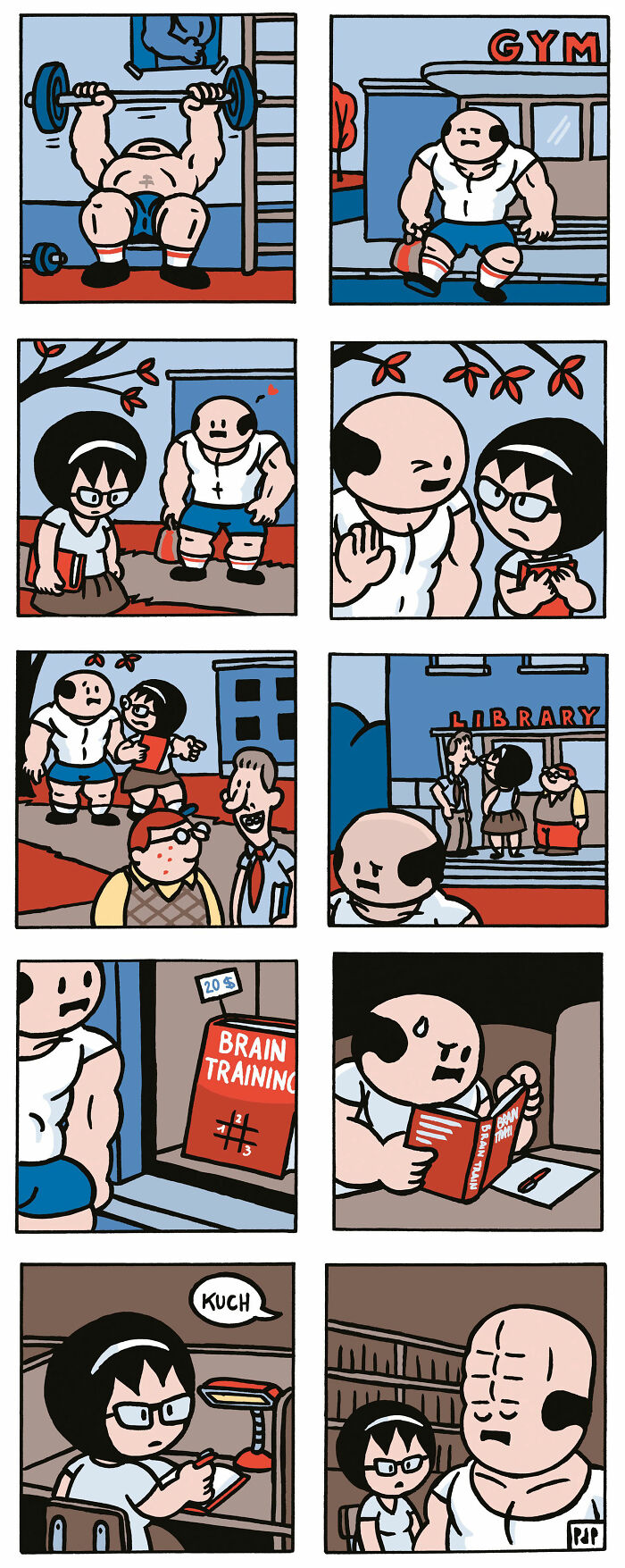 Comic strip showing a muscular man using brain training to impress a girl, illustrating brutally funny comics by Pieter De Poorter.