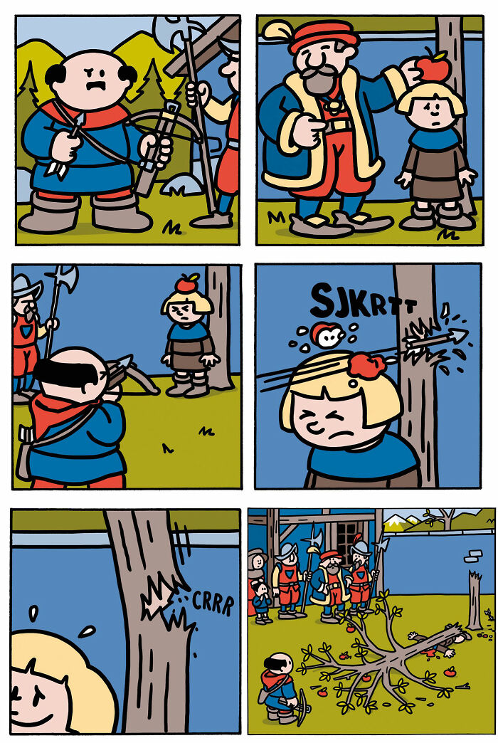 Comic panels showing a humorous scene with medieval characters and a crossbow, illustrating brutally funny comics and dark humor.