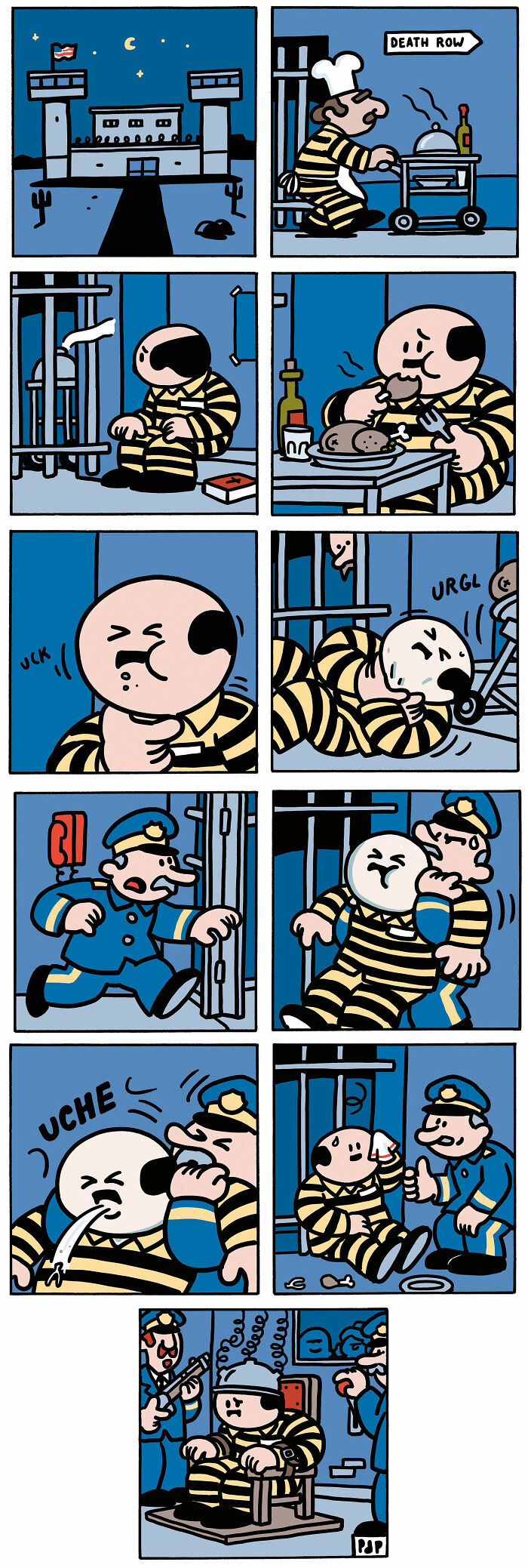Comic strip showing a prisoner in striped uniform experiencing prison life, illustrating brutally funny comics by Pieter De Poorter.