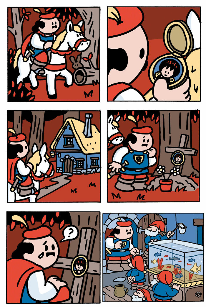 Comic strip depicting a knight visiting a grave and interacting with dwarfs, featuring funny comics turning tragedy into punchlines.
