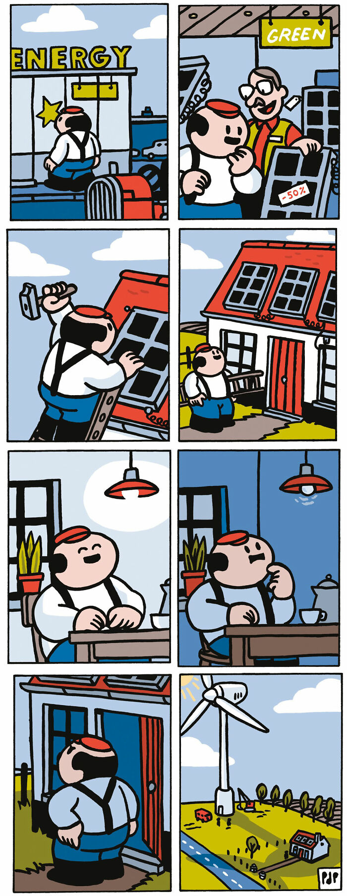 Comic strip showing a man installing solar panels leading to a humorous twist on clean energy in a comic style.