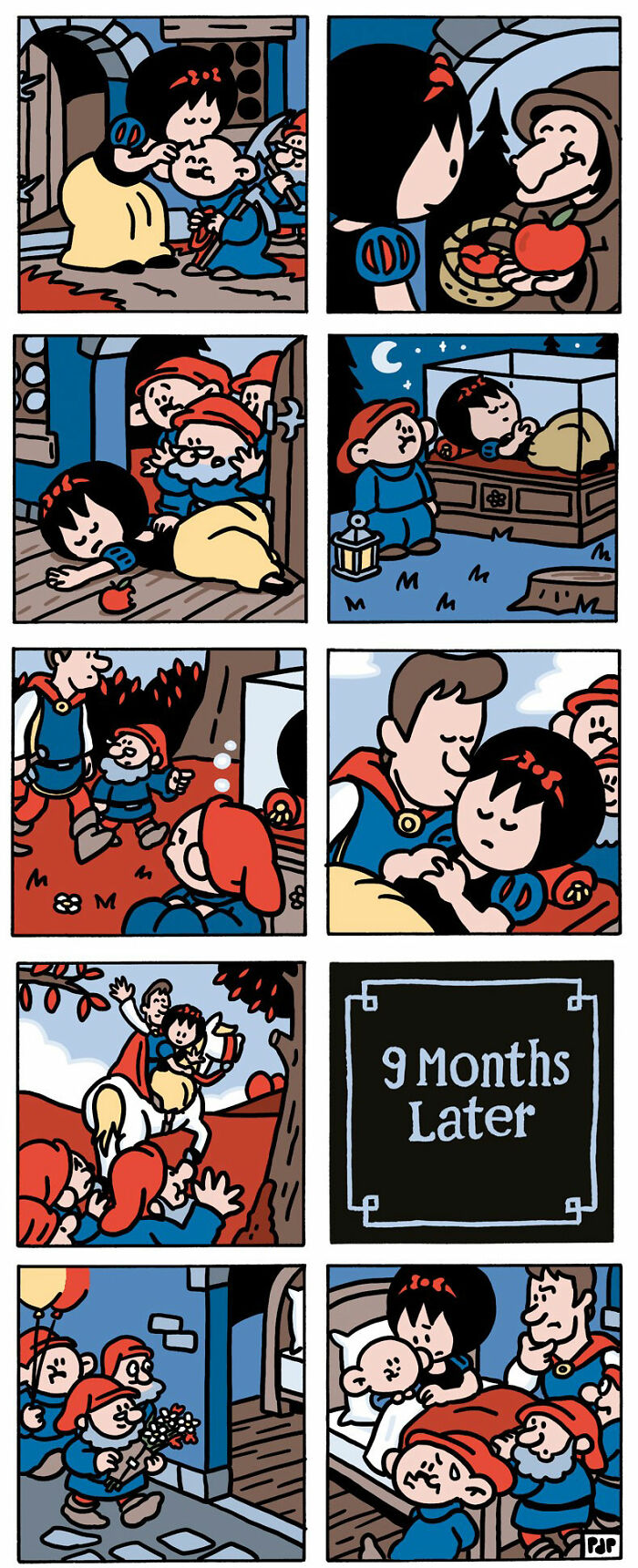 Comic strip showing a parody of Snow White with dwarfs and a dark twist, part of funny comics turning tragedy into punchlines.