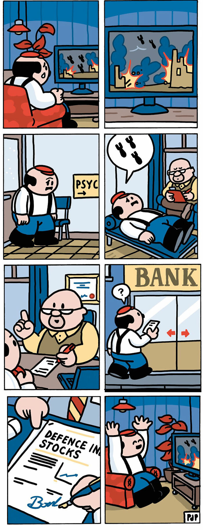 Comic strip depicting dark humor with a man turning tragedy into a punchline through investing in defense stocks.