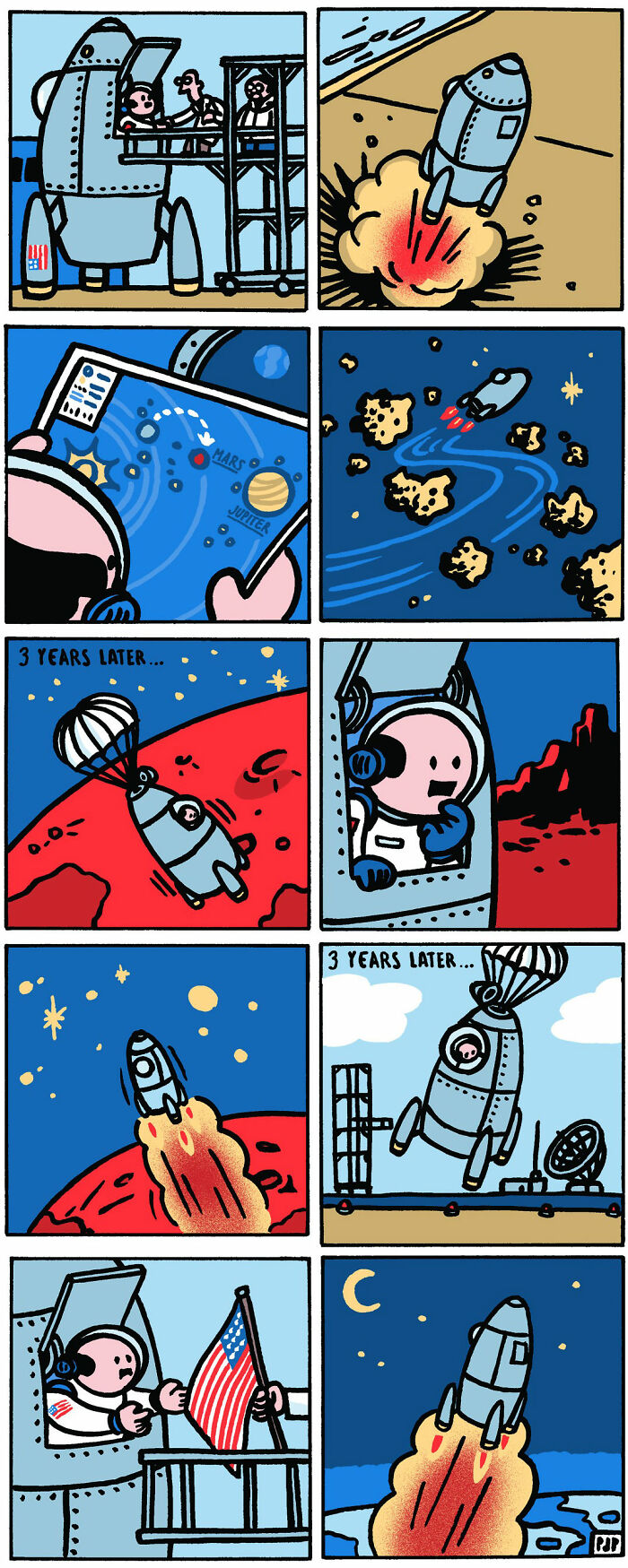 Comic strip showing a rocket journey to Mars with an astronaut, depicting space travel in a brutally funny comic style.