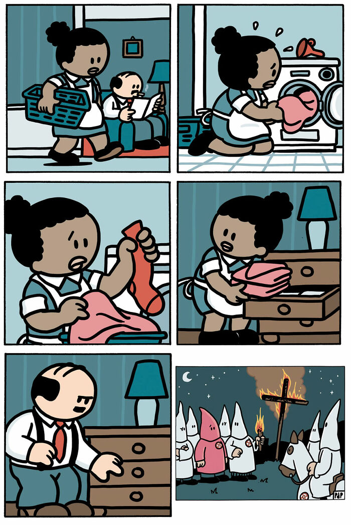 Comic panels showing a woman doing laundry, a man approaching a drawer, and a group of hooded figures around a burning cross in dark humor style.