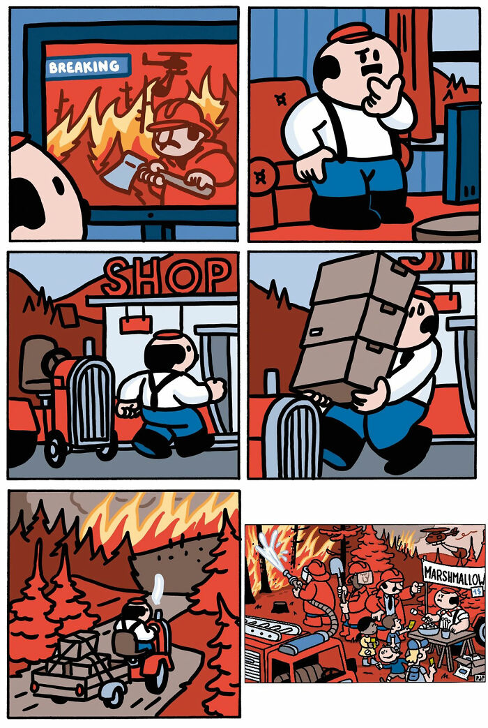 Comic panels by Pieter De Poorter showing a humorous take on a firefighter scene in a brutal funny comic style.